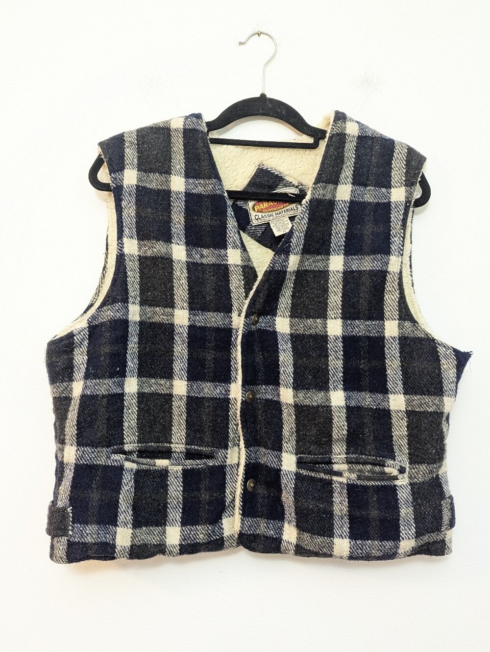 Vintage 70s Mens Shearling Lined Plaid Wool Blend Vest Ranchwear Outdoor